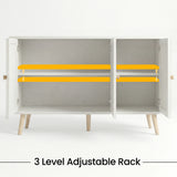 [White] Wovena rattan 3 door sideboard feature graphic with yellow bars highlighting two adjustable shelves inside