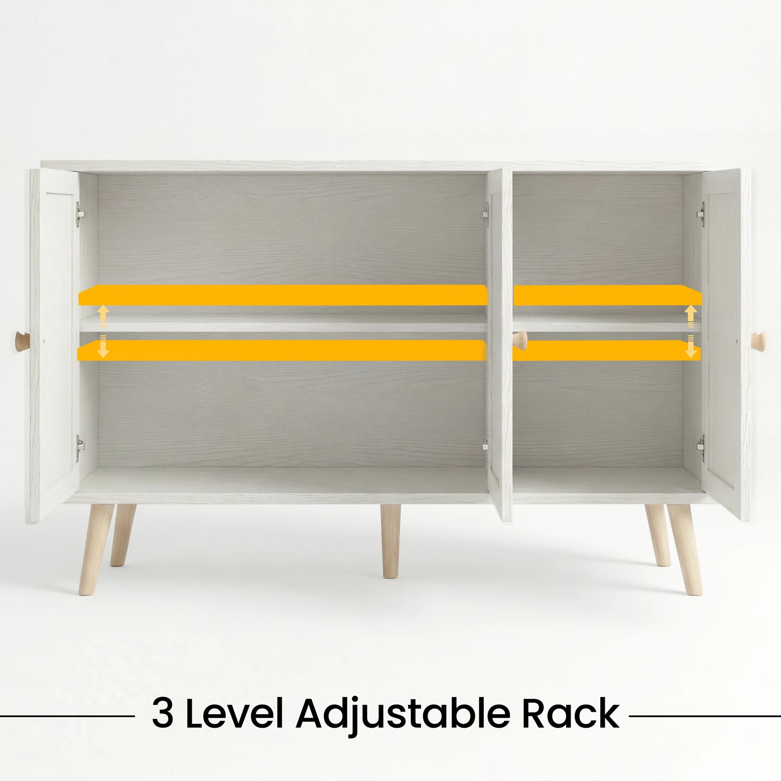 [White] Wovena rattan 3 door sideboard feature graphic with yellow bars highlighting two adjustable shelves inside