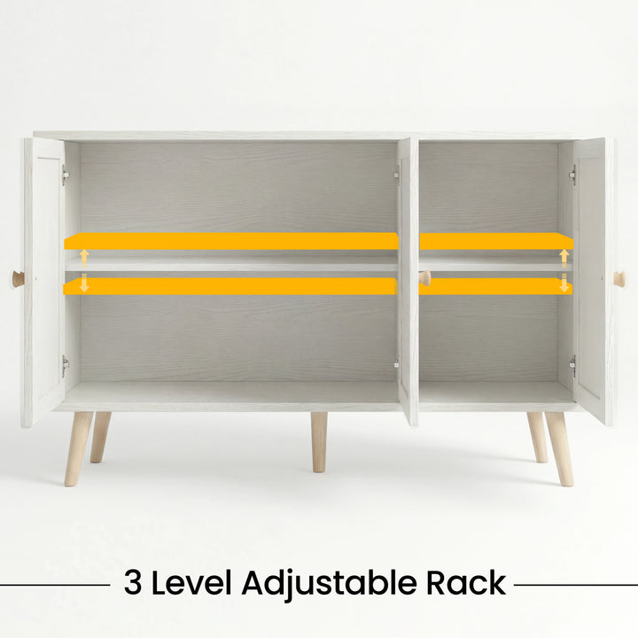 [White] Wovena rattan 3 door sideboard feature graphic with yellow bars highlighting two adjustable shelves inside