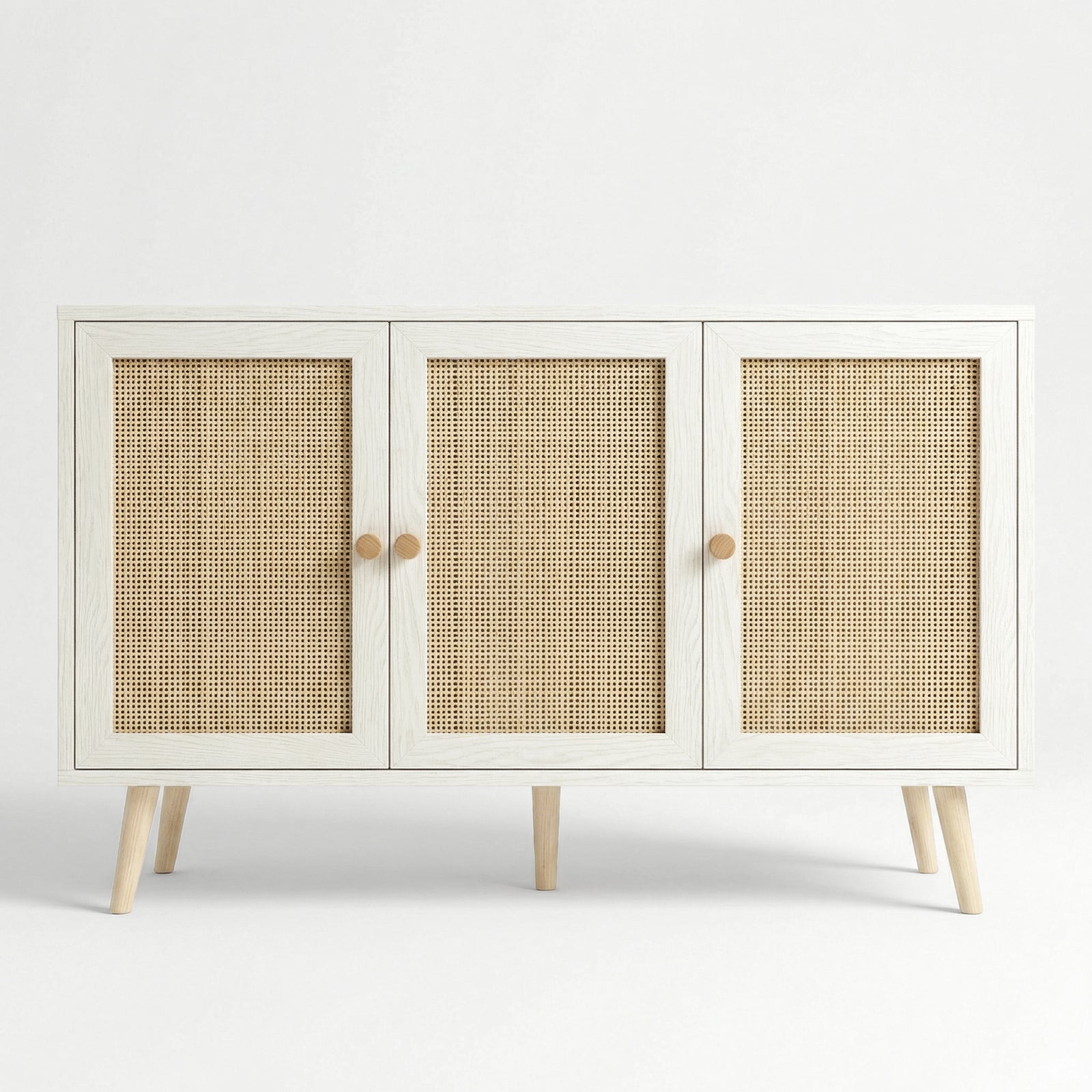 [White] Wovena Rattan 3 Door Sideboard - Adjustable Shelf White clean straight-on the three woven rattan door panels.