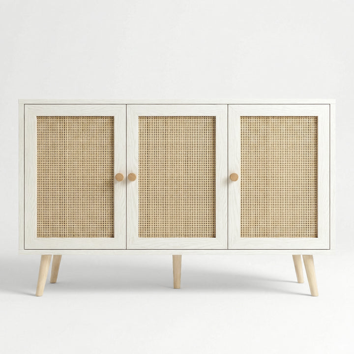 [White] Wovena Rattan 3 Door Sideboard - Adjustable Shelf White clean straight-on the three woven rattan door panels.