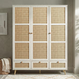 [White] Wovena rattan 3 door wardrobe front view with all doors closed showing cane mesh panels and pine knob handles