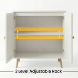 [White] Wovena rattan sideboard with both doors open and one yellow highlighted shelf marked as adjustable