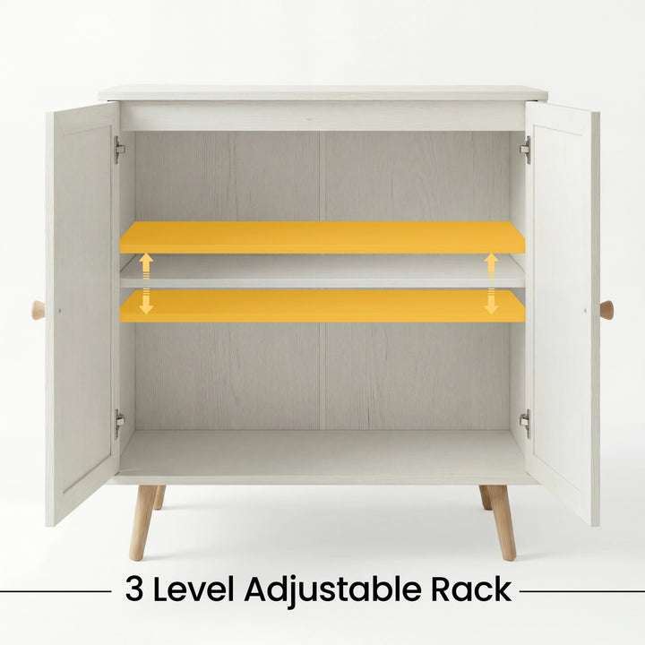 [White] Wovena rattan sideboard with both doors open and one yellow highlighted shelf marked as adjustable