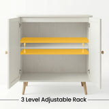 [White] Wovena rattan sideboard with both doors open and one yellow highlighted shelf marked as adjustable