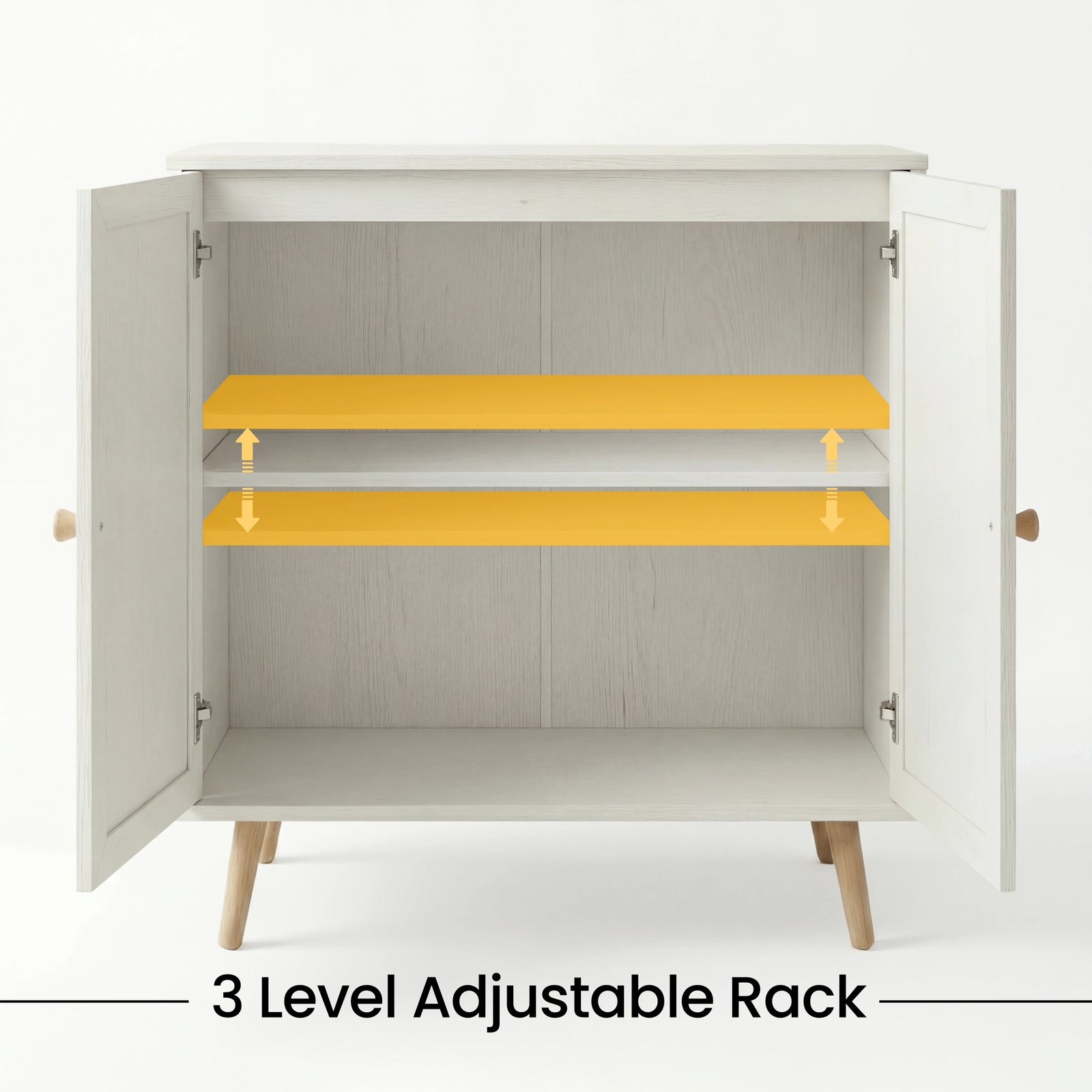 [White] Wovena rattan sideboard with both doors open and one yellow highlighted shelf marked as adjustable