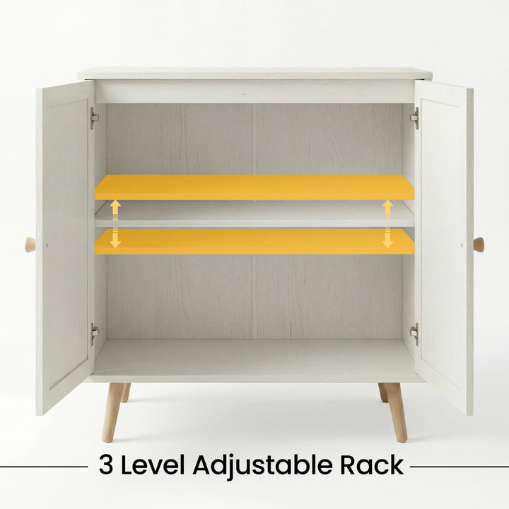 [White] Wovena rattan sideboard with both doors open and one yellow highlighted shelf marked as adjustable