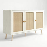 [White] Wovena rattan 3 door sideboard 3/4 angled product shot, three cane door panels and four splayed pine legs