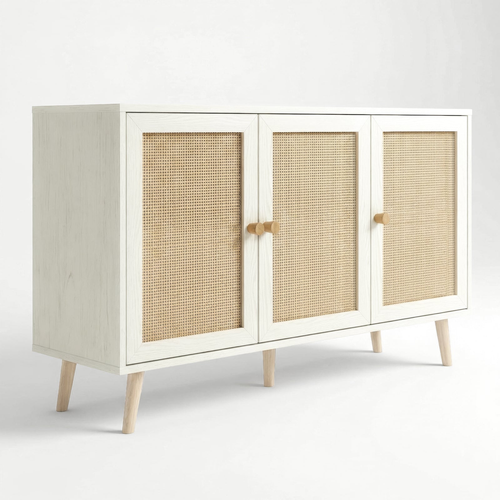 [White] Wovena rattan 3 door sideboard 3/4 angled product shot, three cane door panels and four splayed pine legs