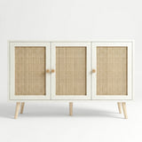 [White] Wovena rattan 3 door sideboard straight-on studio shot, doors shut, two pairs of wood knobs at junctions