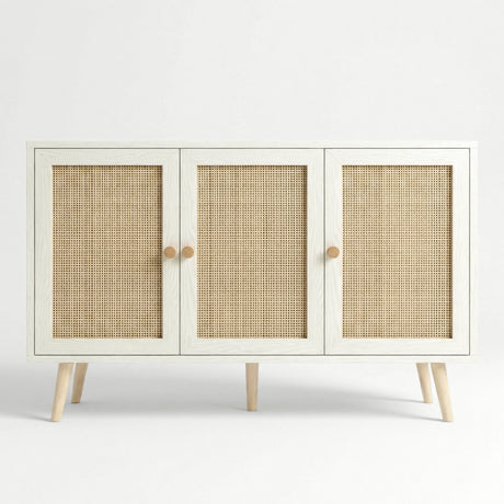 [White] Wovena 3-door sideboard photographed straight-on against a white background showing the full run of three rattan door panels and two sets of paired oak knobs