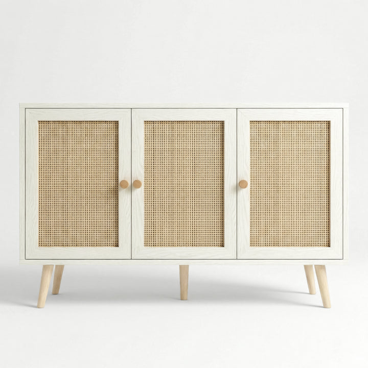 [White] Wovena rattan 3 door sideboard straight-on studio shot, doors shut, two pairs of wood knobs at junctions