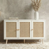 [White] Wovena rattan 3 door sideboard front lifestyle in grey-wall room with shaggy rug and tall lamp beside it