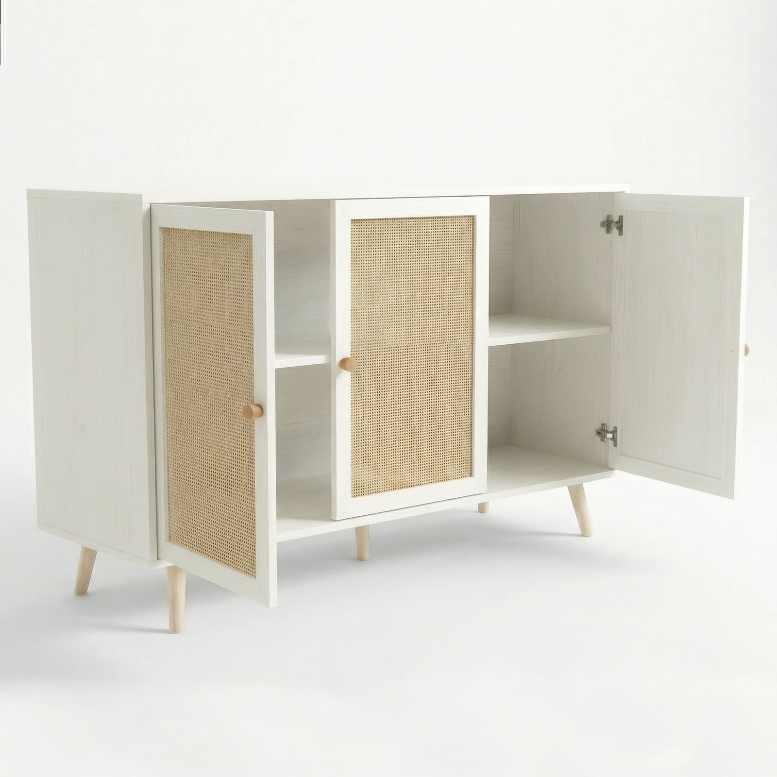 [White] Wovena rattan 3 door sideboard outer doors swung wide, centre door closed, splayed pine legs at base