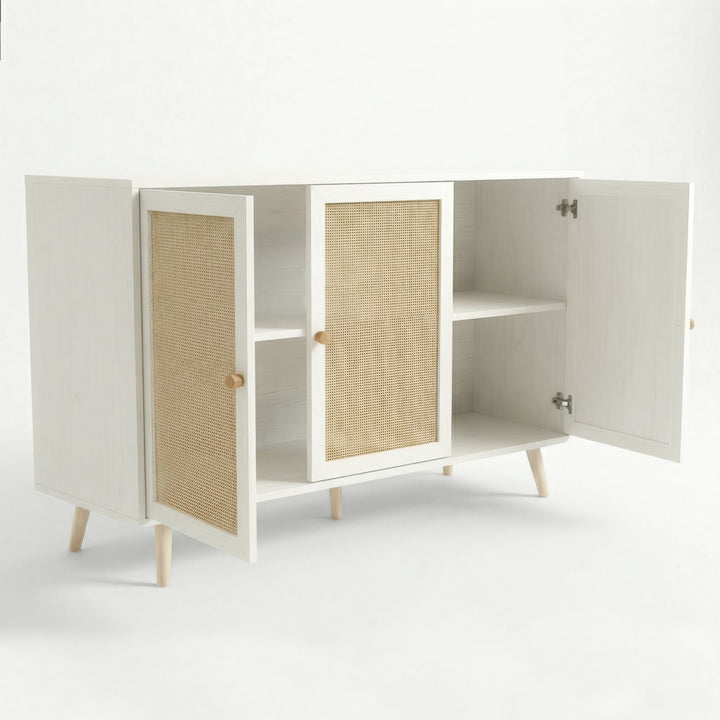 [White] Wovena rattan 3 door sideboard outer doors swung wide, centre door closed, splayed pine legs at base