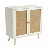 [White] Wovena rattan sideboard angled studio shot, both doors closed with knobs and splayed legs visible