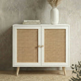 [White] Wovena 80cm sideboard photographed front-on against grey plaster wall with vase and book styled on top