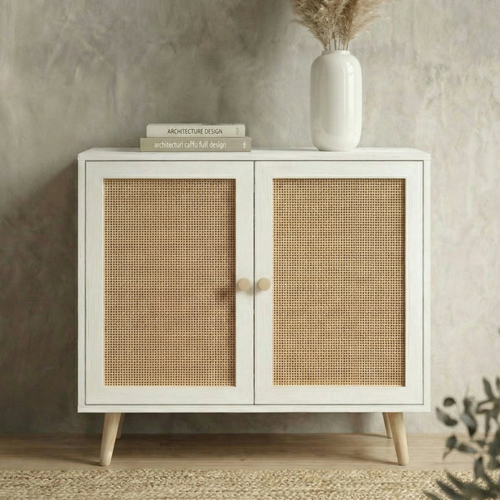 [White] Wovena 80cm sideboard photographed front-on against grey plaster wall with vase and book styled on top