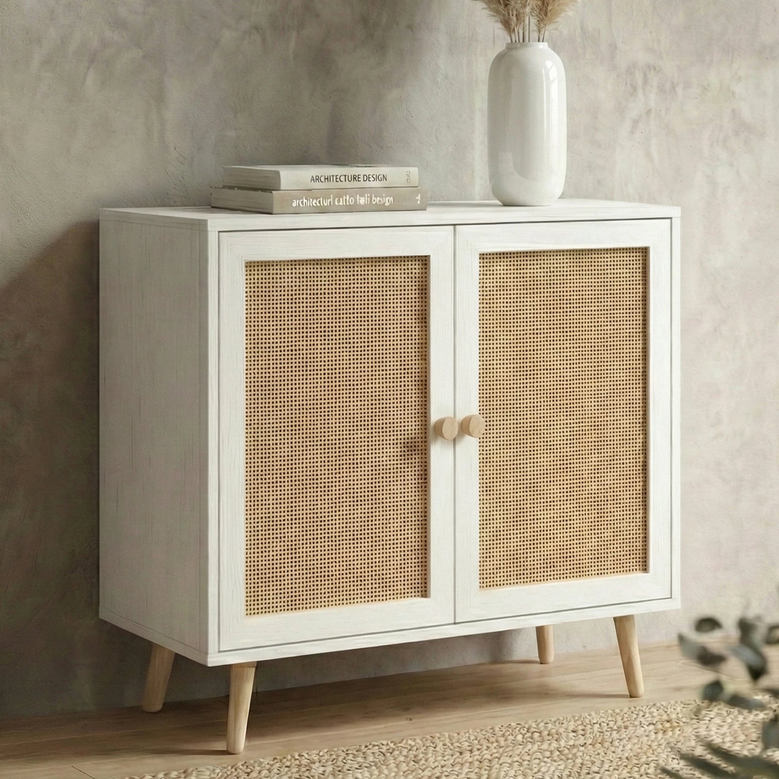 [White] Wovena rattan sideboard against grey plaster wall with white vase of dried pampas and stacked books on top