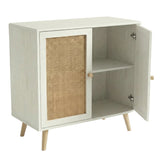 [White] Wovena rattan sideboard interior view, right door pulled open exposing fixed shelf and pine legs below