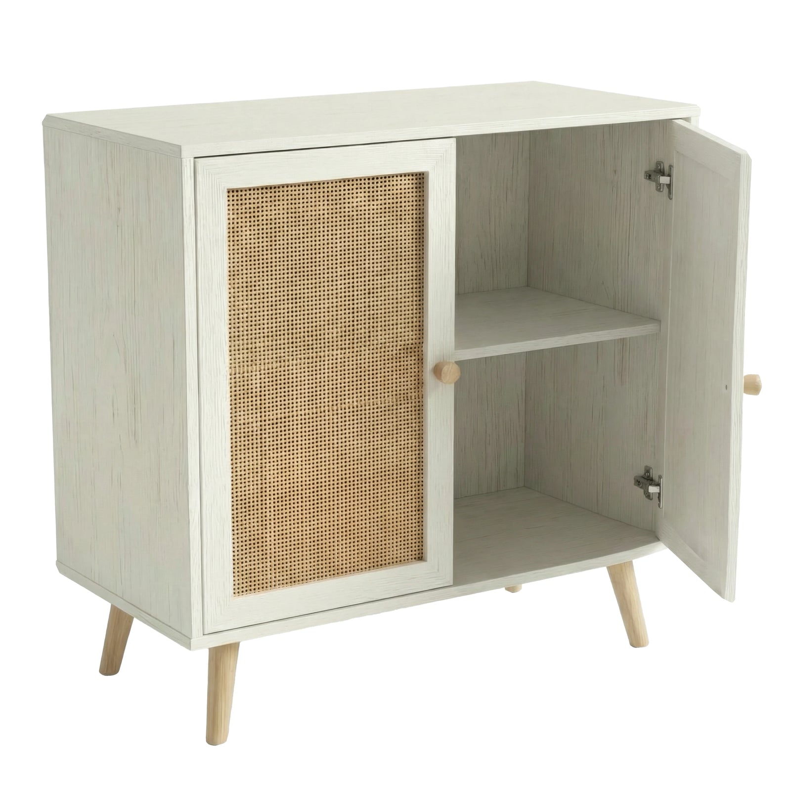 [White] Wovena rattan sideboard interior view, right door pulled open exposing fixed shelf and pine legs below