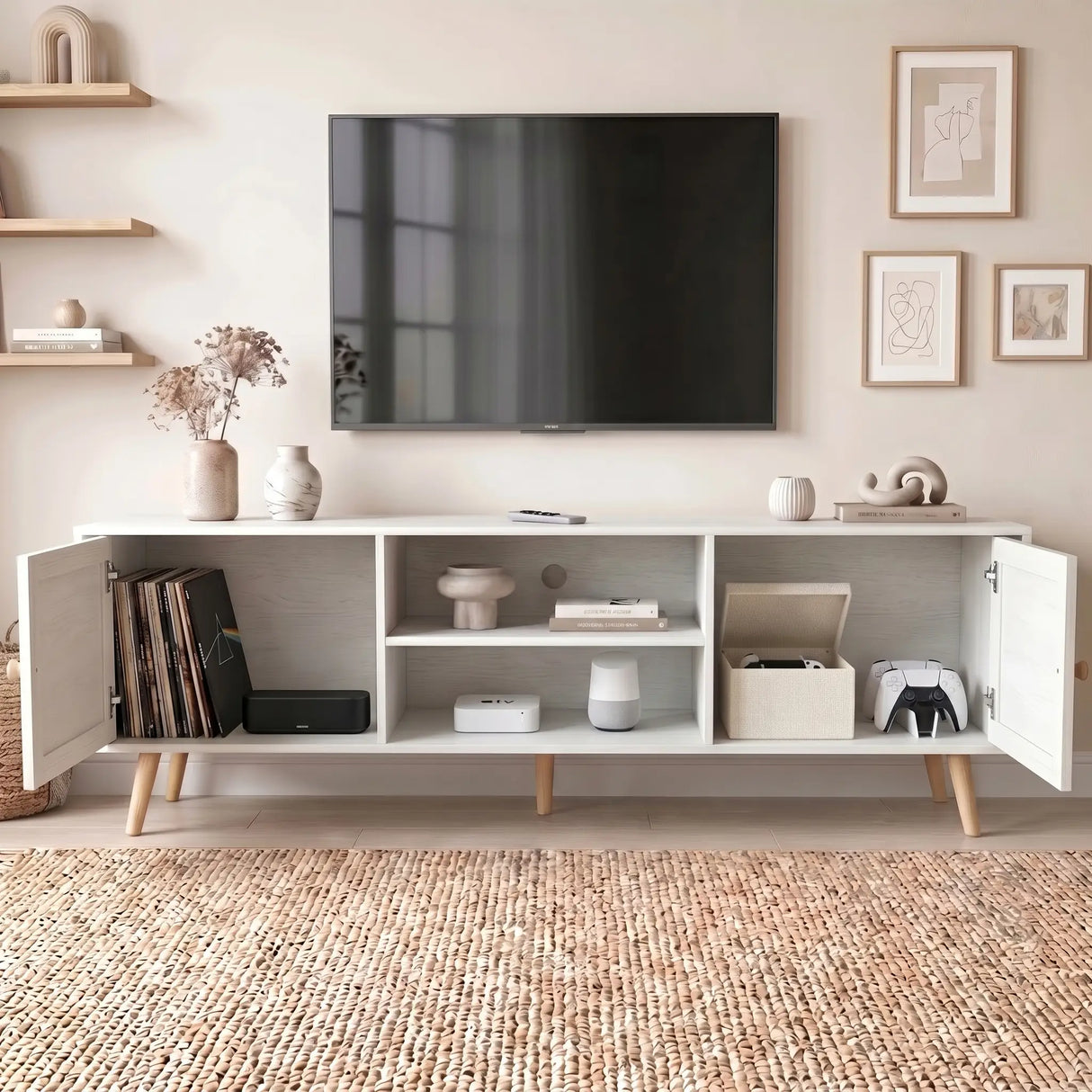 [White] Wovena Rattan TV Unit with both doors open showing vinyl records, soundbar, Apple TV, smart speaker, fabric box, and game controllers