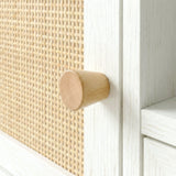 [White] Wovena Rattan TV Unit close-up of woven cane panel, natural wooden knob, and white wood-grain finish on the door