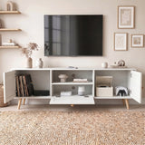 [White] Wovena Rattan TV Unit with doors and drawer open showing vinyl records, books, Apple TV, smart speaker, and game controllers inside