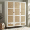 [White] Wovena rattan wardrobe three-quarter angle in a styled bedroom with natural light and wall shadows
