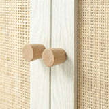 [White] Wovena rattan 3 door sideboard macro of paired round knobs flanked by open cane panels on whitewashed frame