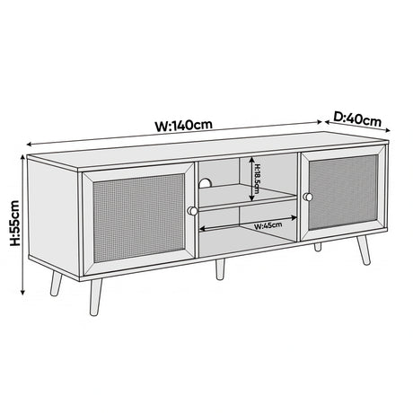 [White] Wovena dimension diagram showing W 140cm, D 40cm, H 55cm, and open shelf W 45cm by H 18.5cm measurements