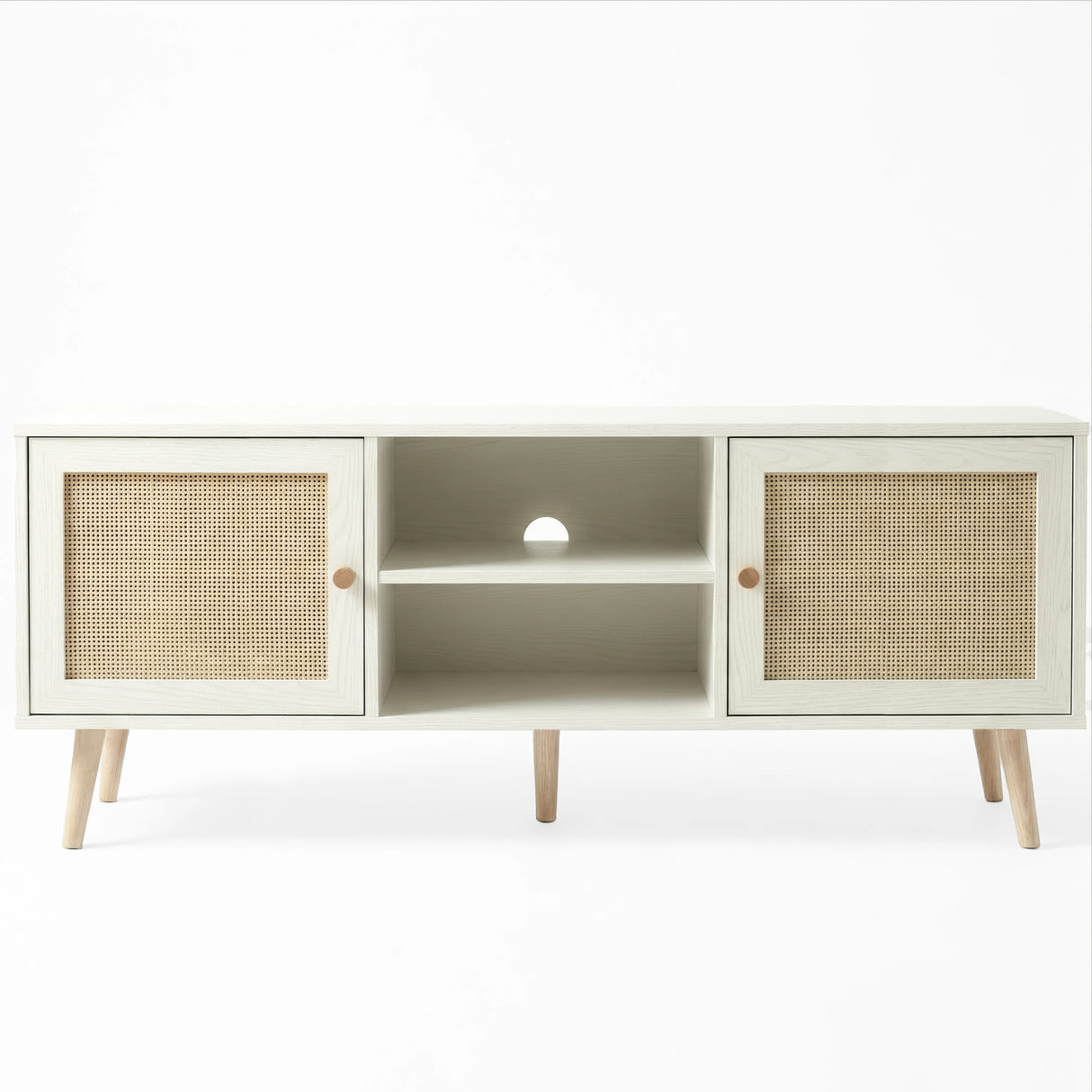 [White] Wovena front product view showing twin rattan door panels, open centre shelves, and natural oak tapered legs
