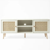 [White] Wovena front product view showing twin rattan door panels, open centre shelves, and natural oak tapered legs