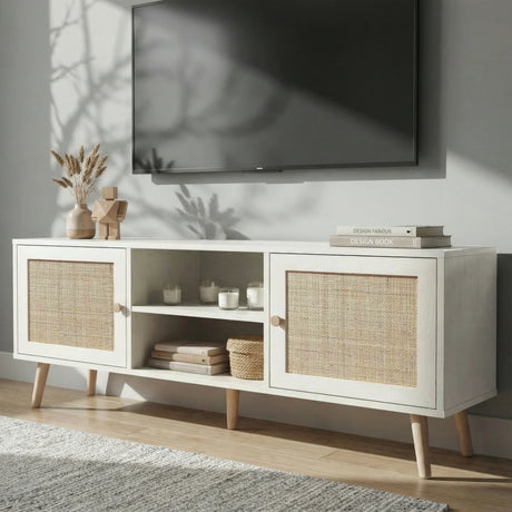 [White] Wovena lifestyle angled view with dried pampas, stacked books, and woven basket beneath a wall-mounted TV