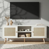 [White] Wovena lifestyle front view styled with dried pampas, candles, and woven basket beneath a wall-mounted TV