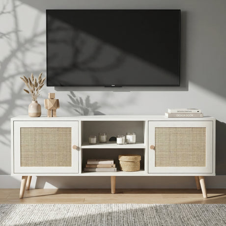 [White] Wovena lifestyle front view styled with dried pampas, candles, and woven basket beneath a wall-mounted TV