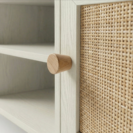 [White] 140 cm Shelving TV unit with woven panel and round wood knobs in a rattan design 