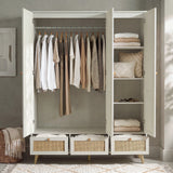 [White] Wovena 3 door wardrobe open showing left hanging rail with garments and right shelves of folded knitwear