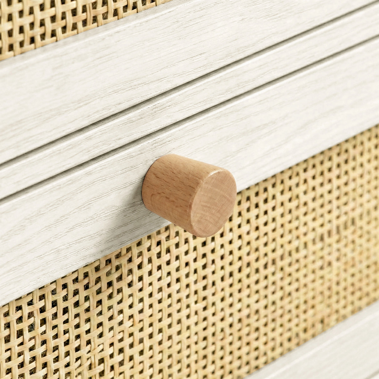 [White] Wovena wardrobe close-up of natural rattan cane mesh weave texture with round solid pine knob handle