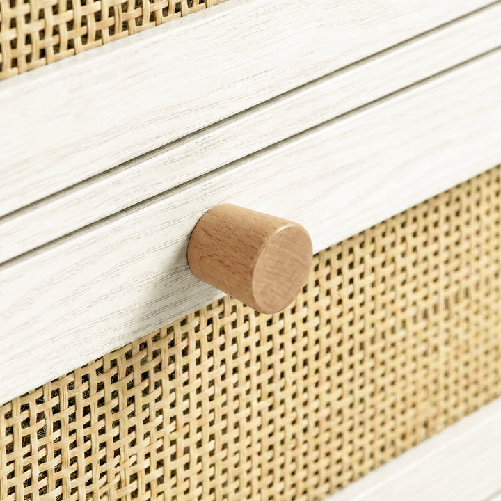 [White] Wovena wardrobe close-up of natural rattan cane mesh weave texture with round solid pine knob handle