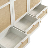 [White] rattan 3 door wardrobe with all three base drawers pulled fully open showing white melamine interior