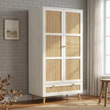 [White] 2 door wardrobe wovena rattan styled at angle in bright room with herringbone throw and natural decor