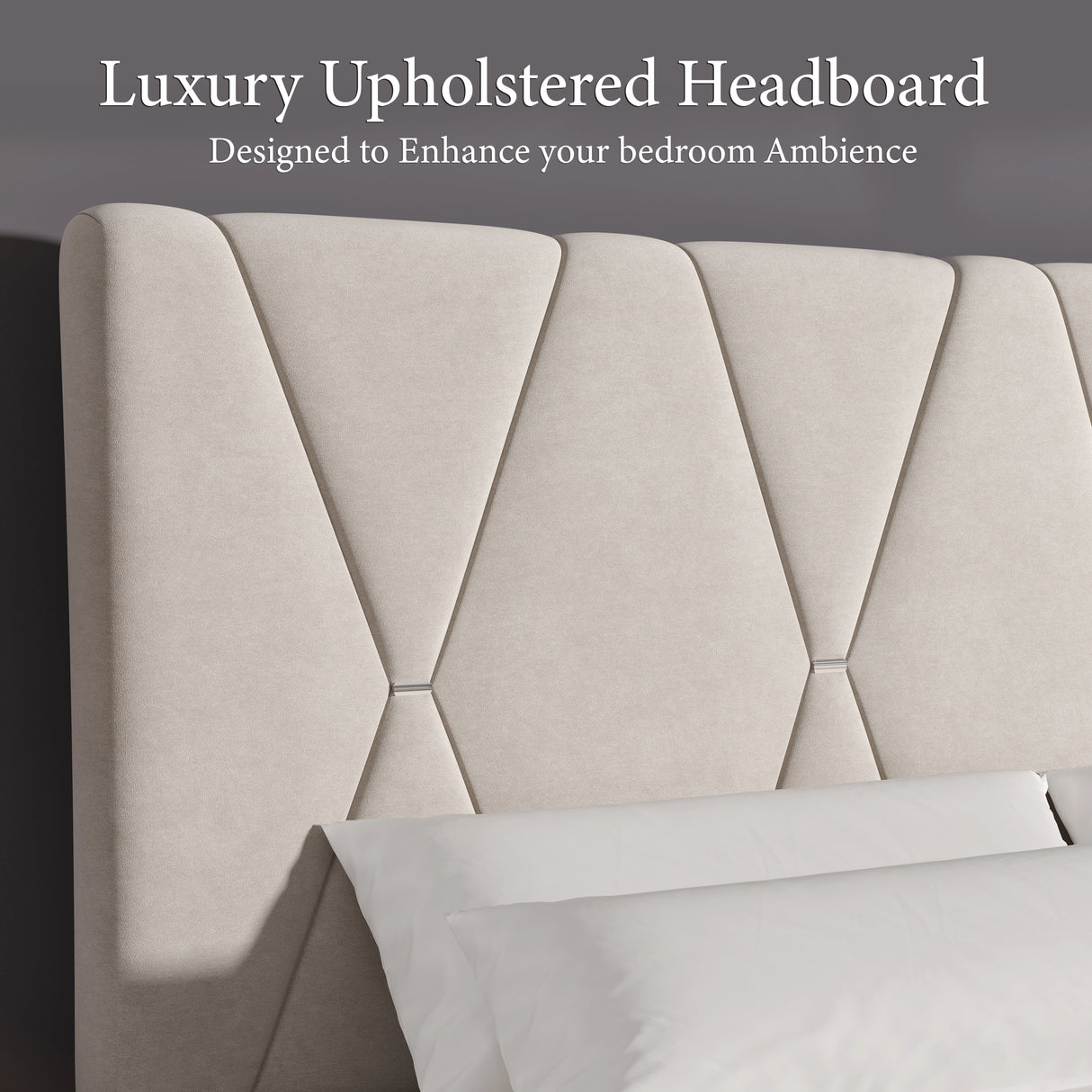 Velvet Upholstered Bed Frame in Grey & Beige with Adjustable Headboard