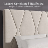 Velvet Upholstered Bed Frame in Grey & Beige with Adjustable Headboard