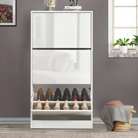 High Gloss 3 Door Shoe Cabinet | Slim Shoe Storage