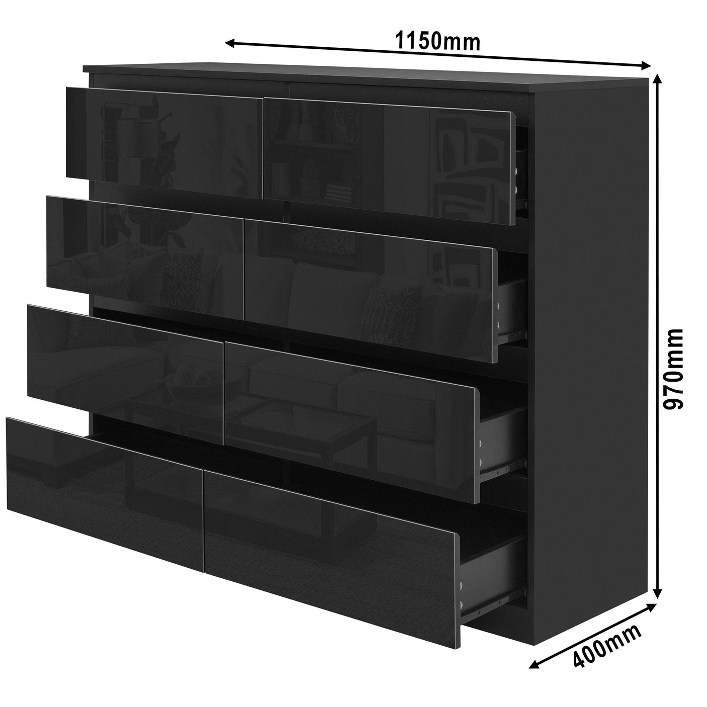 Wide chest of drawers for bedroom – spacious storage unit with modern design and precise dimensions.