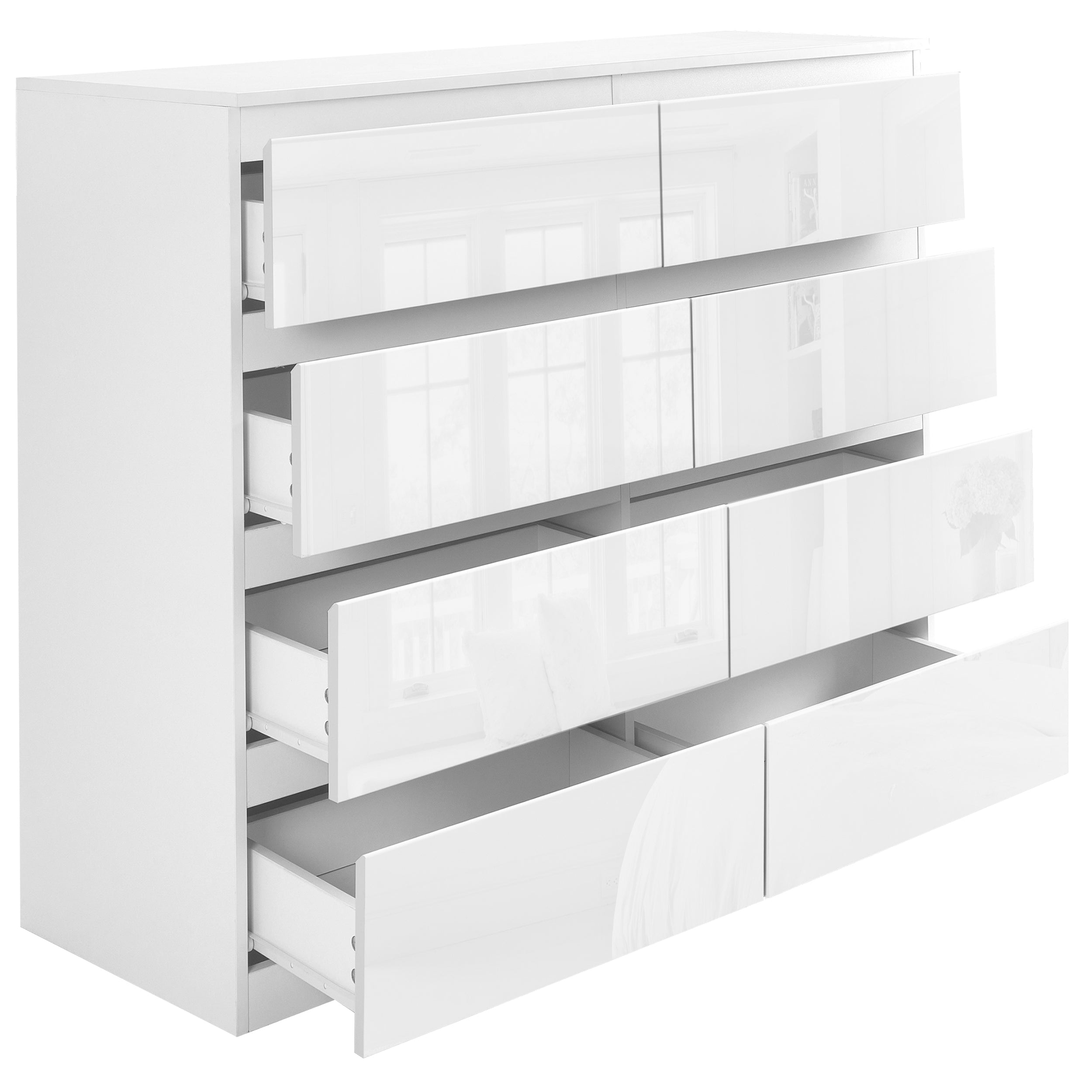 Wide white chest of drawers for bedroom with high gloss finish and spacious storage.