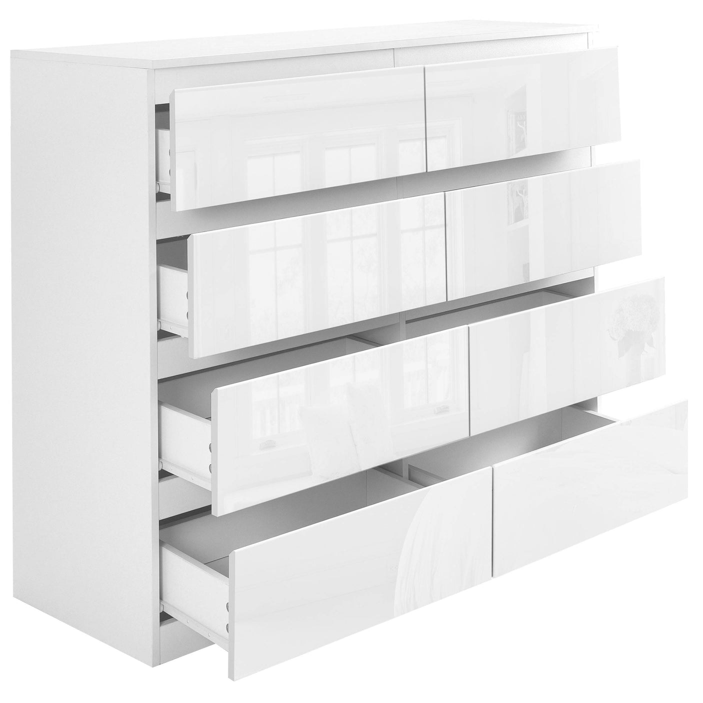 Wide white chest of drawers for bedroom with high gloss finish and spacious storage.