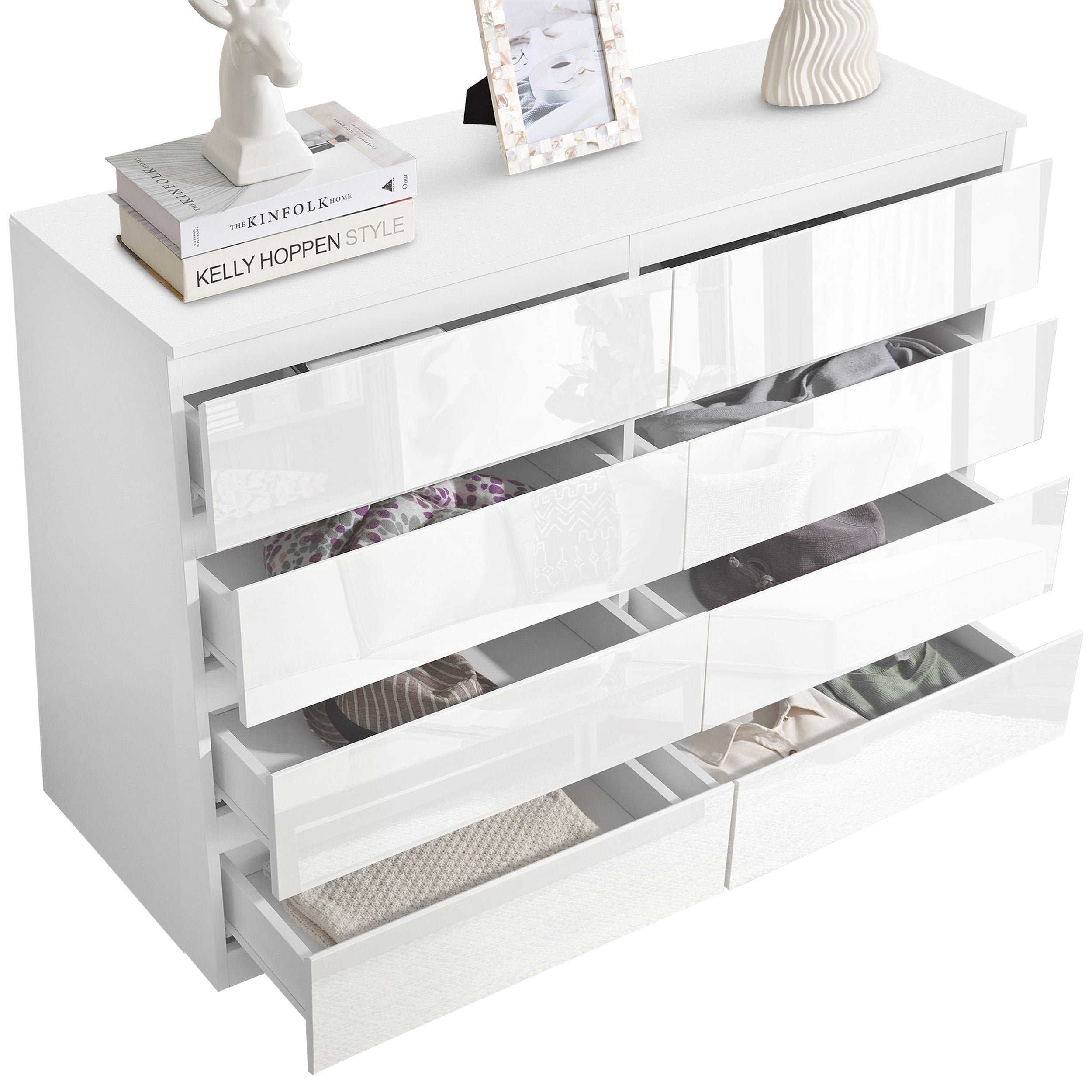 Modern wide chest of drawers UK, white high gloss finish with spacious bedroom storage.