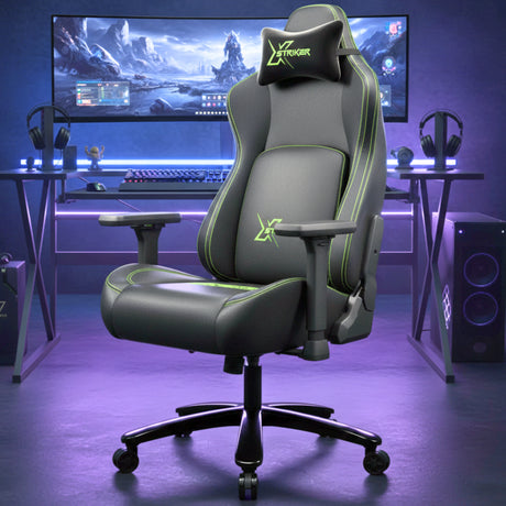 Gaming chair with Striker logo in a gaming setup with dual monitors and purple lighting.